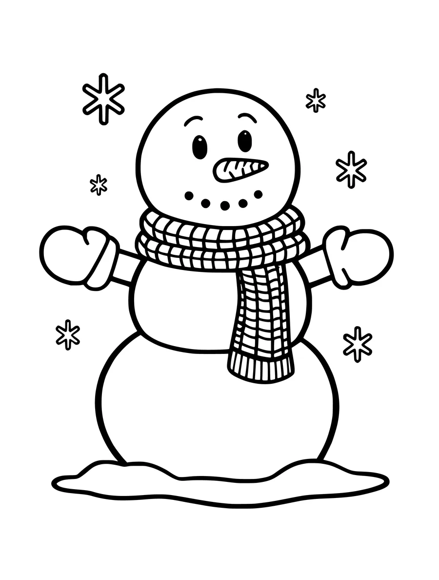 A cheerful snowman wearing a striped scarf and mittens stands among snowflakes in this colouring page.