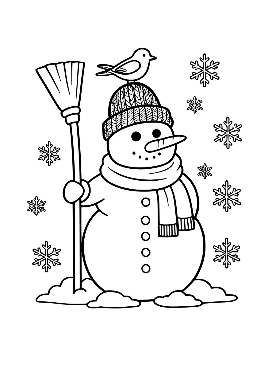 A snowman holding a broom with a small bird perched on its knit hat stands amidst falling snowflakes, coloring page