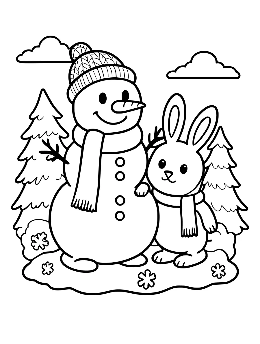 A cute snowman wearing a scarf stands next to a small bunny in this winter-themed coloring page.