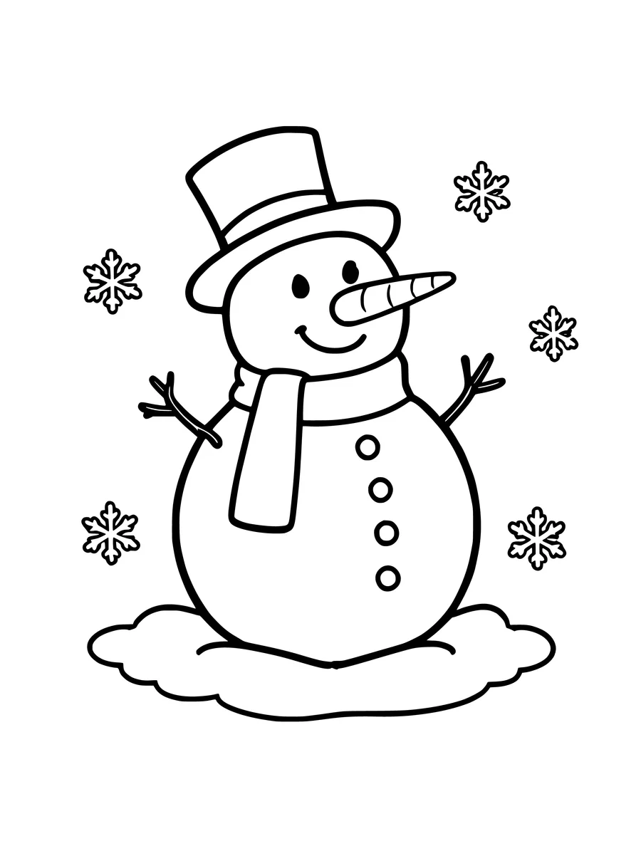 A cheerful snowman with a carrot nose and top hat stands surrounded by falling snowflakes in this line art, colouring page