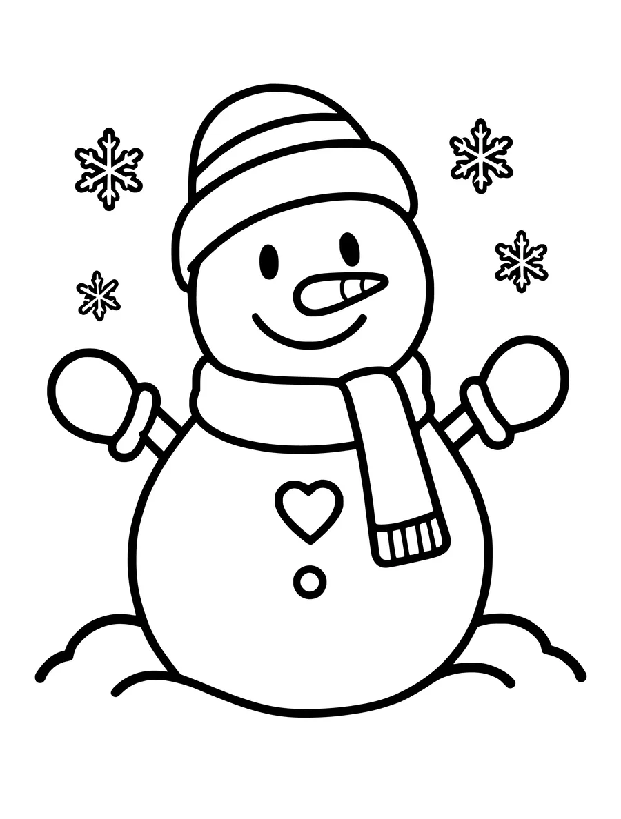 A cute snowman wearing a scarf and mittens features a heart-shaped button on its chest in this coloring page.