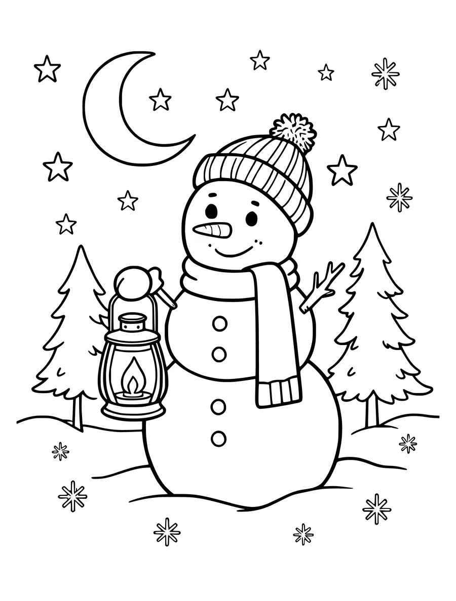 A snowman holds a lantern in a snowy forest under a crescent moon in this detailed coloring page.