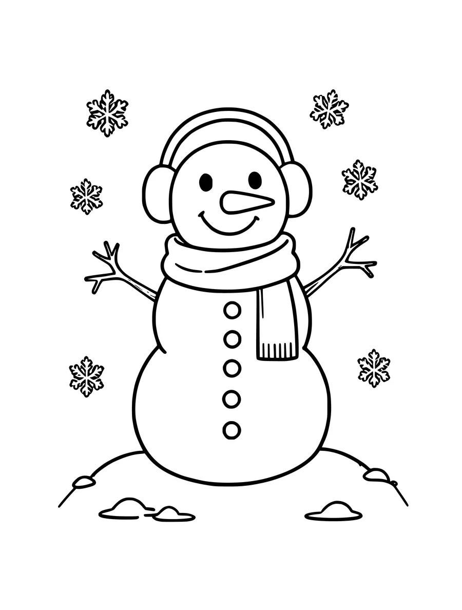 Black and white line art colouring page of snowman with earmuffs on a hill, medium detail