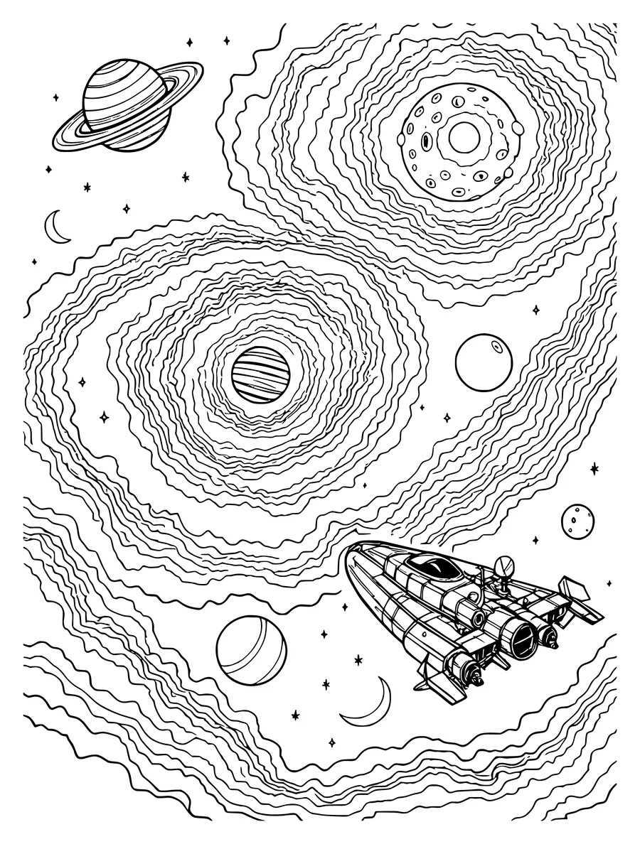 Black and white line art coloring page of astronaut's view of a nebula with planets, moons and a spaceship, intricate detail