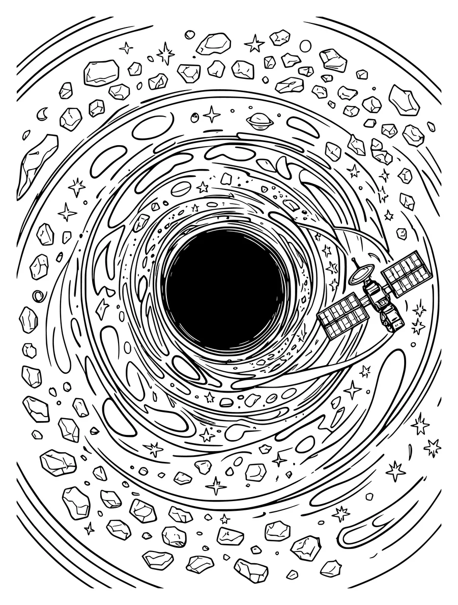 Black and white line art coloring page of black hole swirling with stars, an asteroid belt and a probe, detailed detail