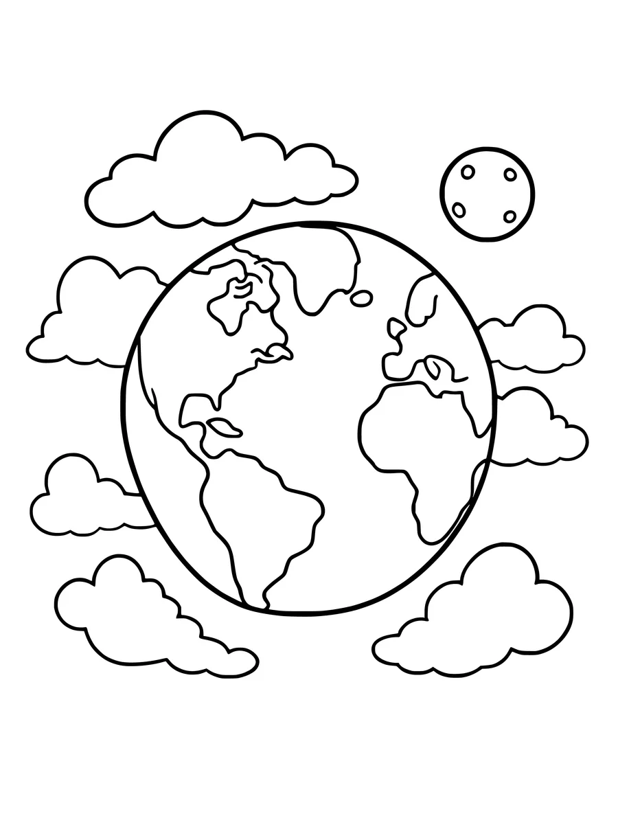 A simple colouring page of Earth surrounded by puffy clouds and a small moon in the sky.