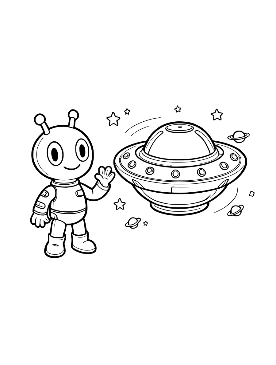 A friendly alien in a space suit waves at a hovering flying saucer surrounded by tiny planets and stars, coloring page