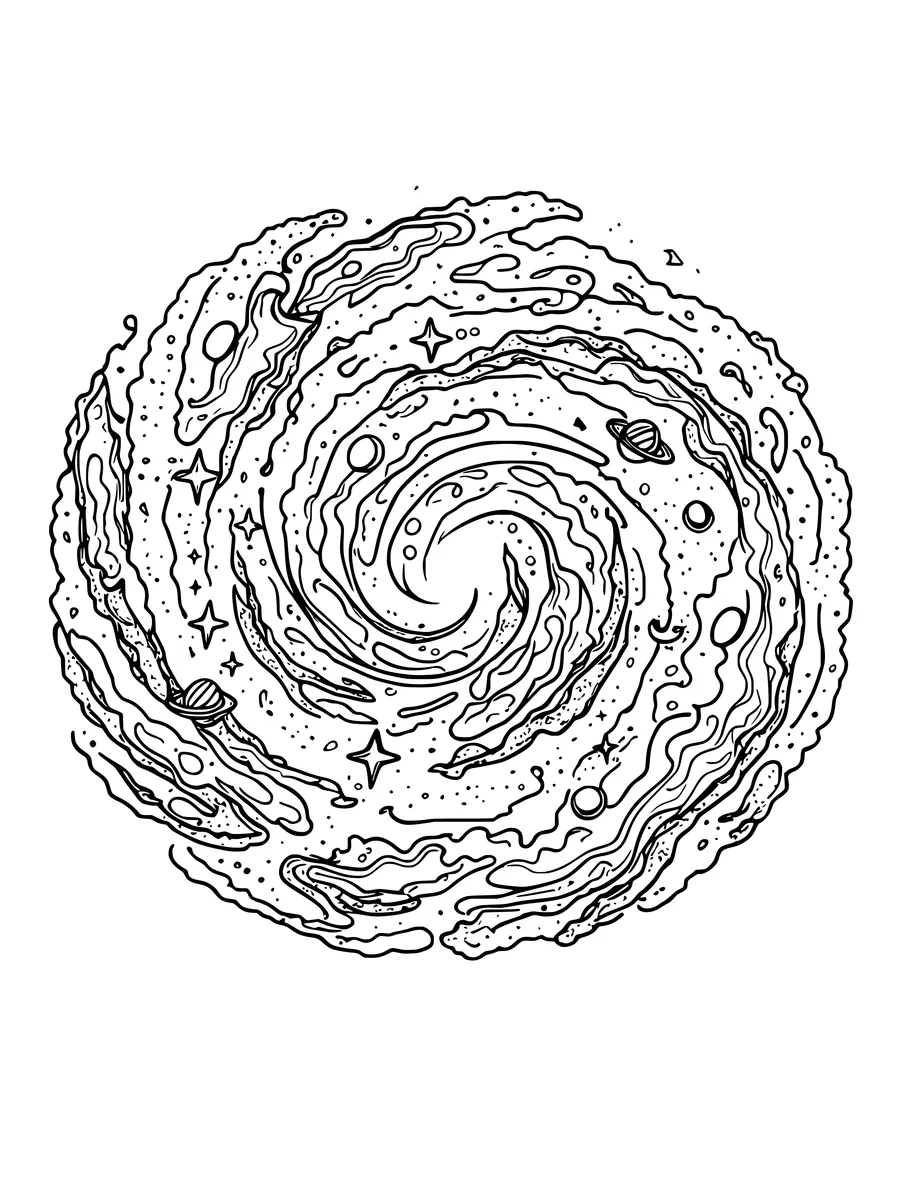 Black and white line art coloring page of galaxy spiral with nebula clouds and stars, detailed detail