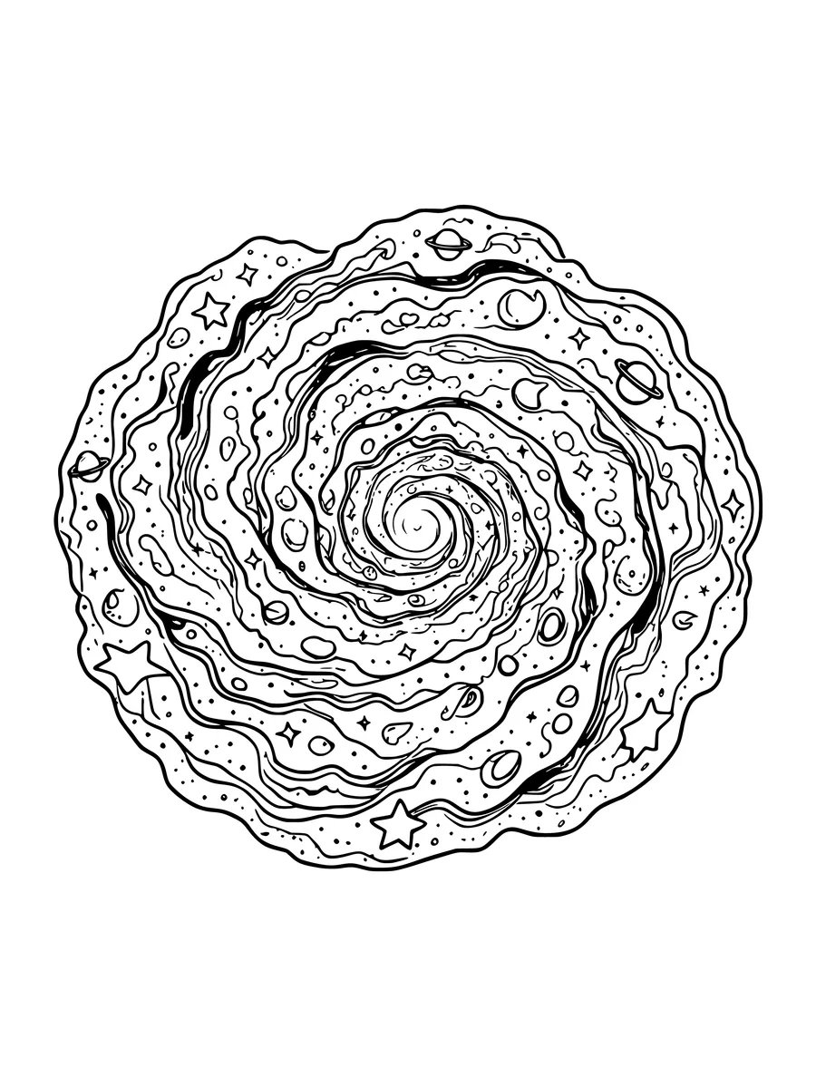 An intricate colouring page of a swirling spiral galaxy filled with scattered planets, stars, and nebula clouds.