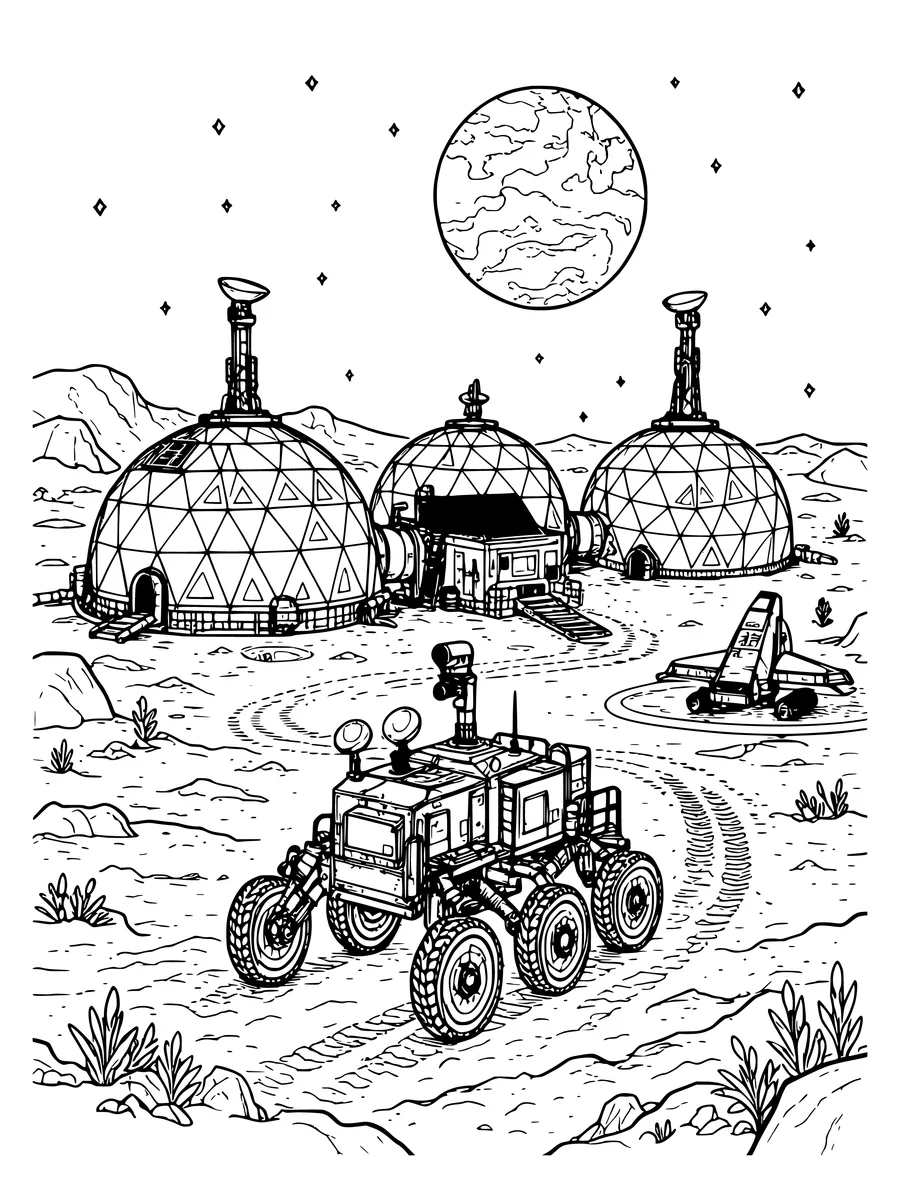 Black and white line art colouring page of lunar base with a rover, domes and Earth in the sky, detailed detail