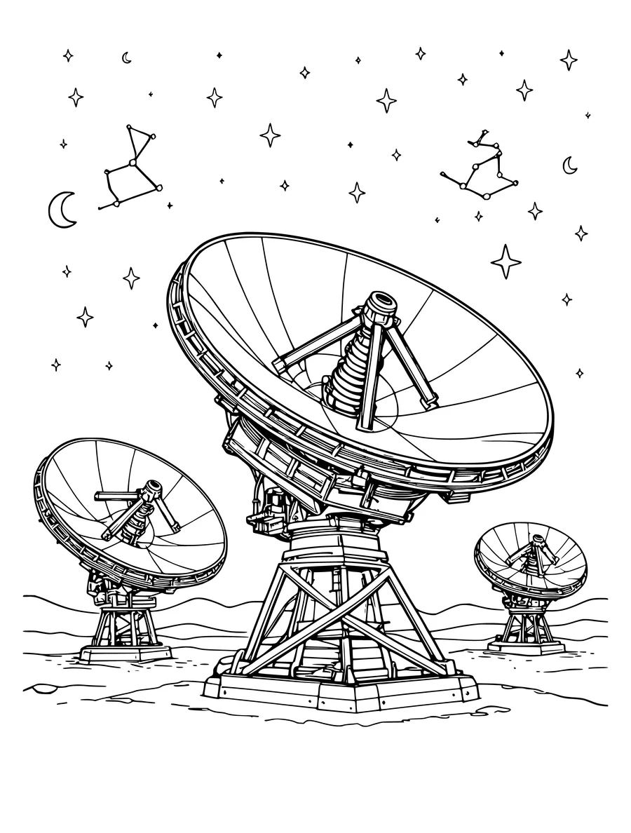 Three large radio telescope dishes stand on a landscape under a starry night sky with constellations.