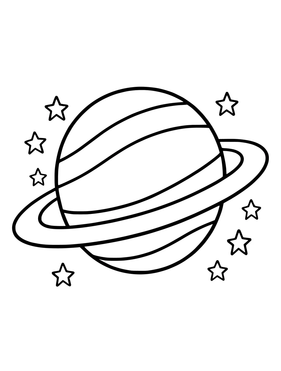 A ringed planet surrounded by several five-pointed stars on a clean white background, coloring page