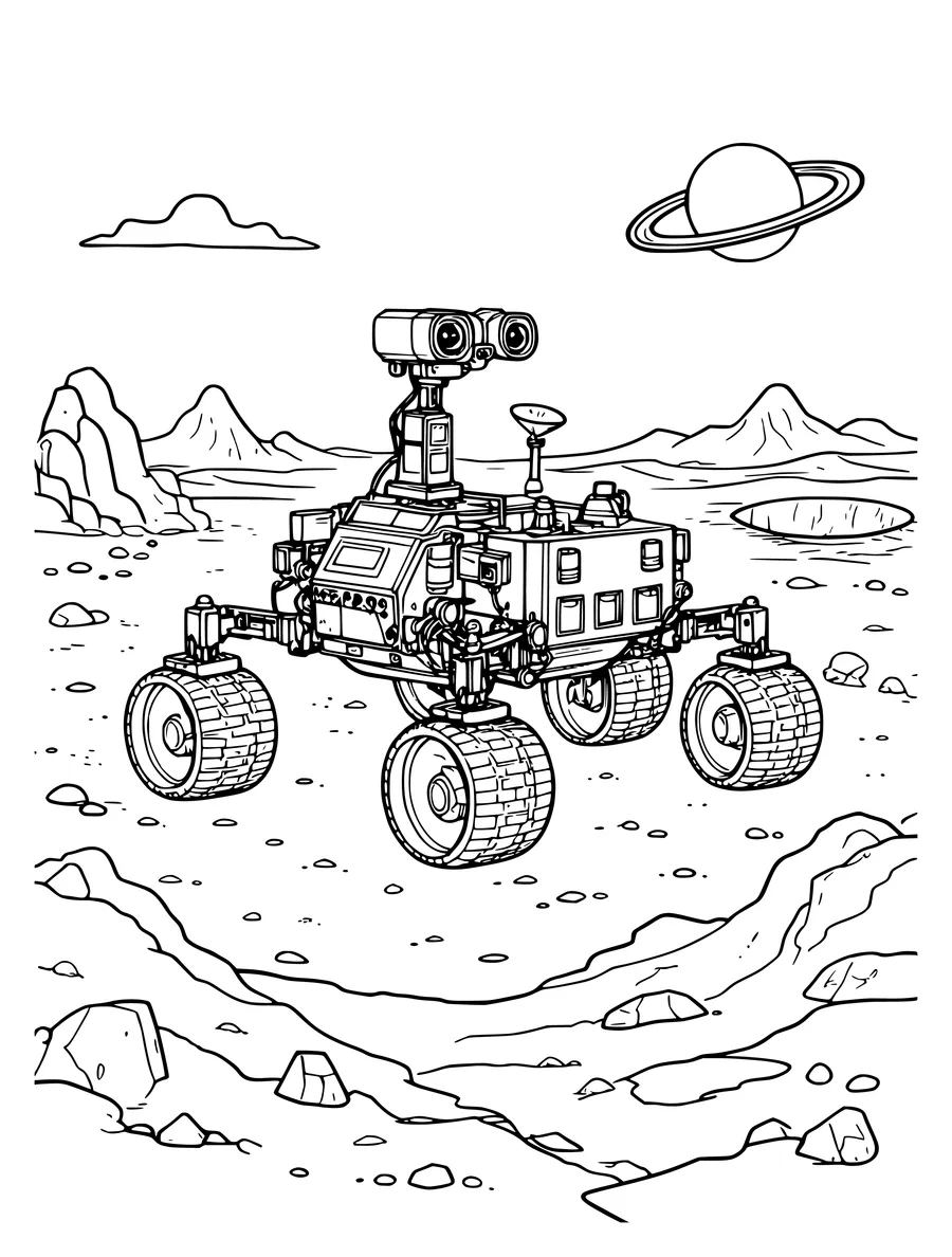 Black and white line art coloring page of rover on the surface of Mars, medium detail