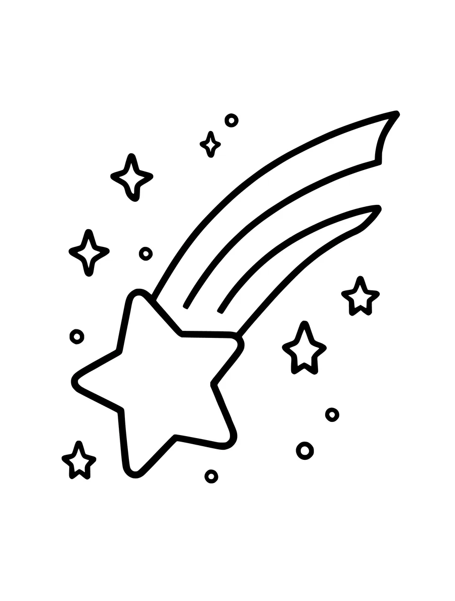 A simple colouring page of a five-pointed shooting star with a long, flowing tail surrounded by small stars.