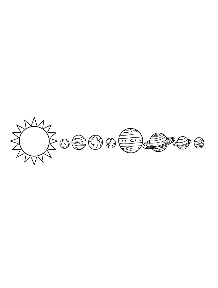 Black and white line art coloring page of solar system with the sun and eight planets in a row, medium detail