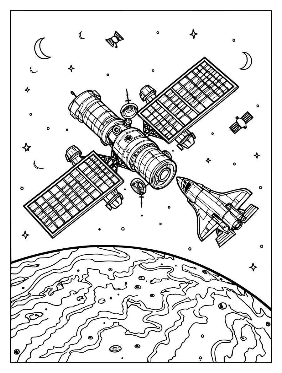 A detailed coloring page showing a space station and a shuttle orbiting above a textured, cratered planet.