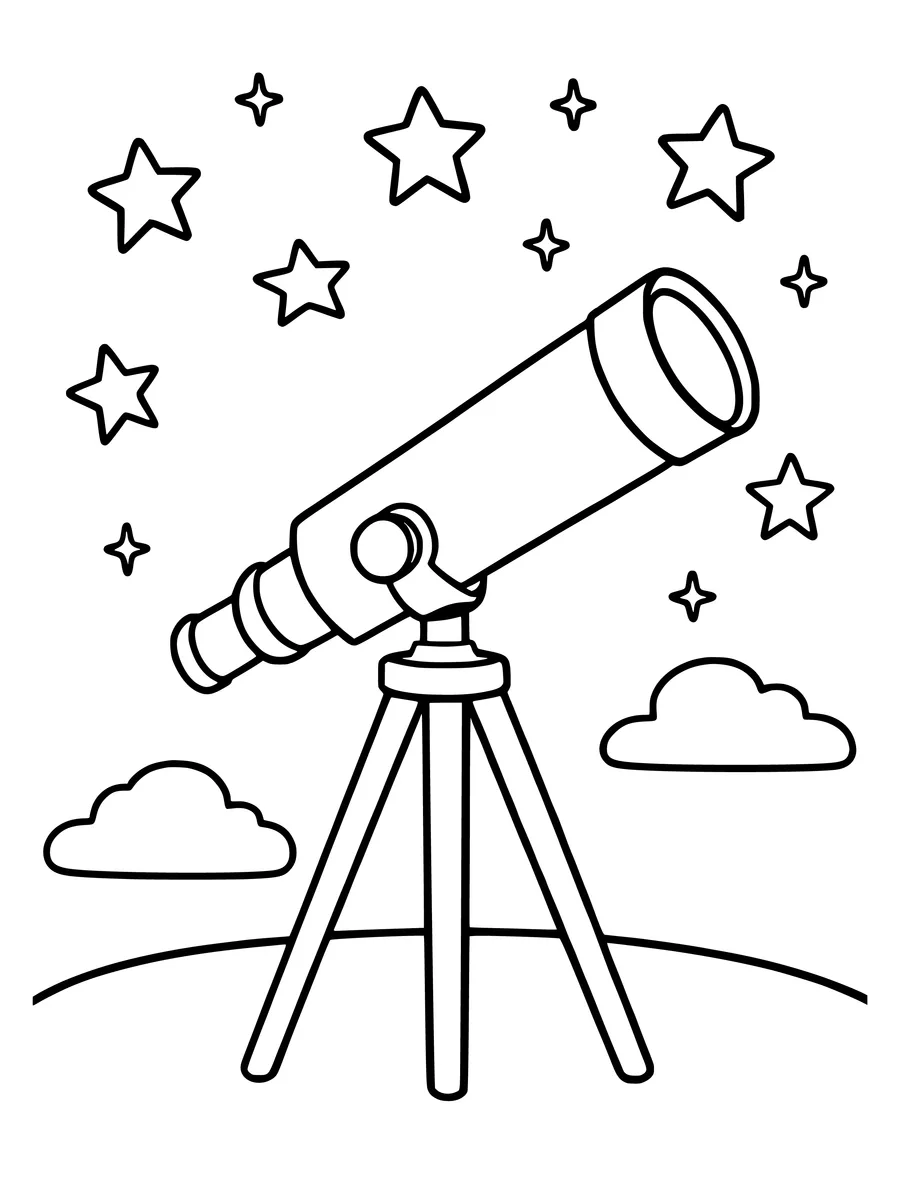A telescope on a tripod points toward the stars above a horizon with small clouds, coloring page