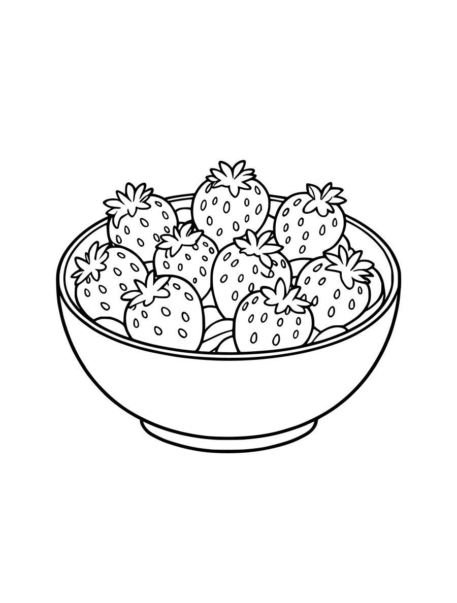 A round bowl filled with many fresh strawberries is depicted in this simple coloring page.
