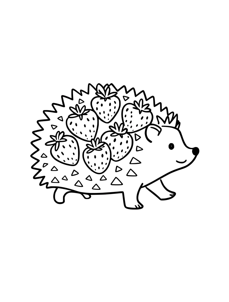 A friendly hedgehog walking along with several fresh strawberries balanced on its spiky back, coloring page