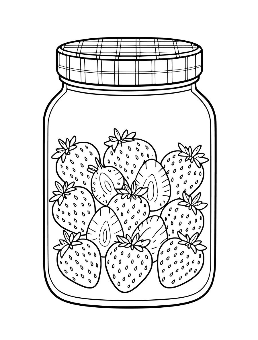 A jar of strawberry jam with a gingham-patterned lid, filled with several whole and sliced strawberries, coloring page