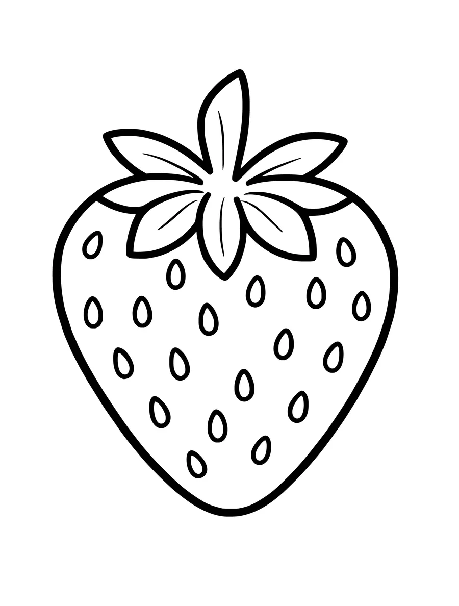 Black and white line art coloring page of single strawberry with a leafy top and seeds, simple detail