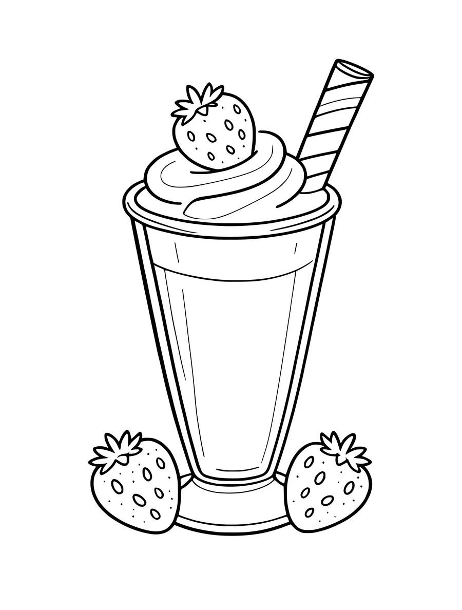 A tall glass of strawberry milkshake with a striped straw is surrounded by berries in this line art, colouring page