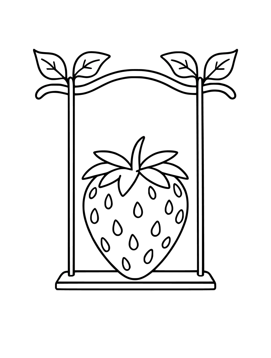 A large strawberry sits on a swing hanging from a vine in this simple colouring page.