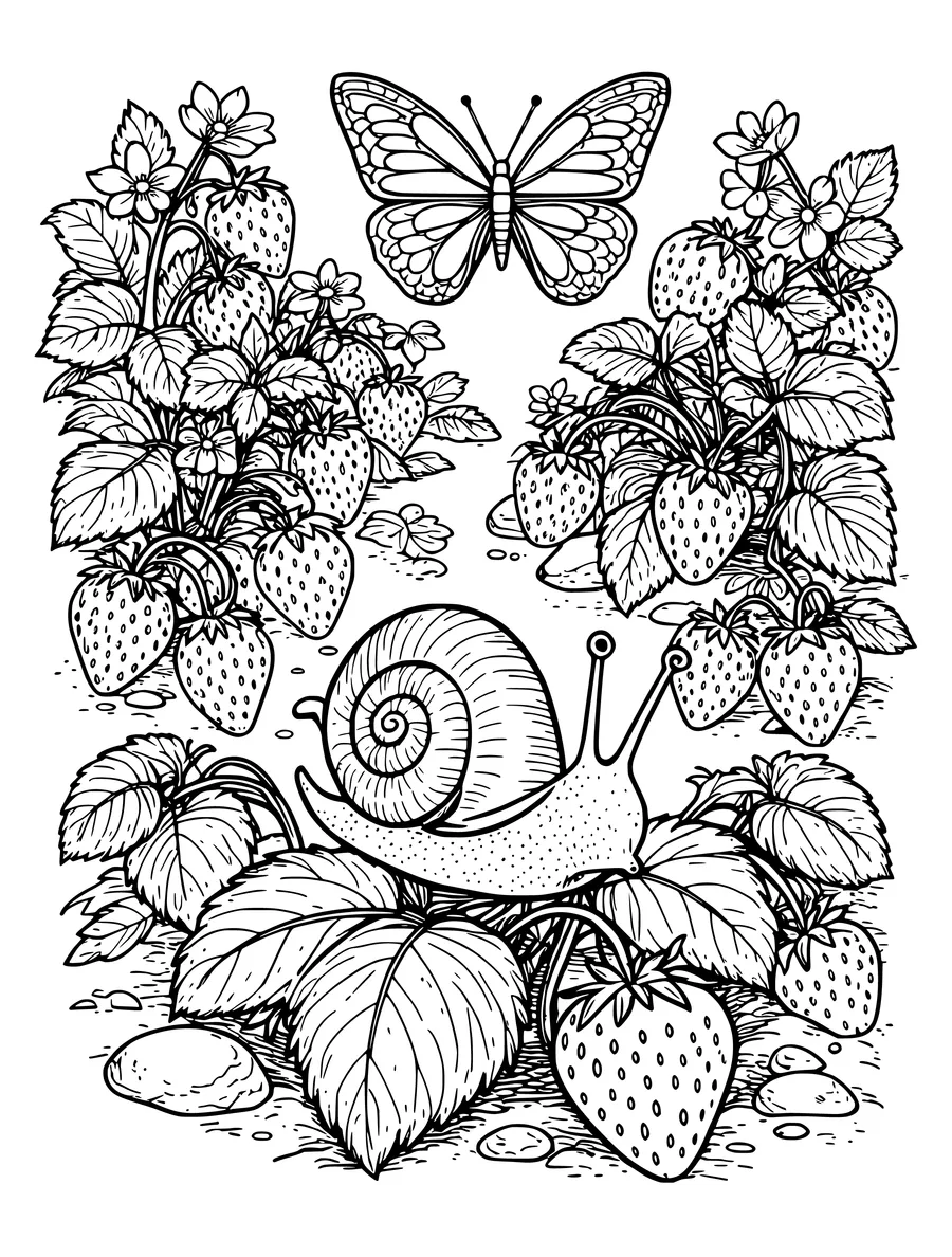 A detailed strawberry patch features a snail crawling on a leaf and a butterfly flying above, colouring page