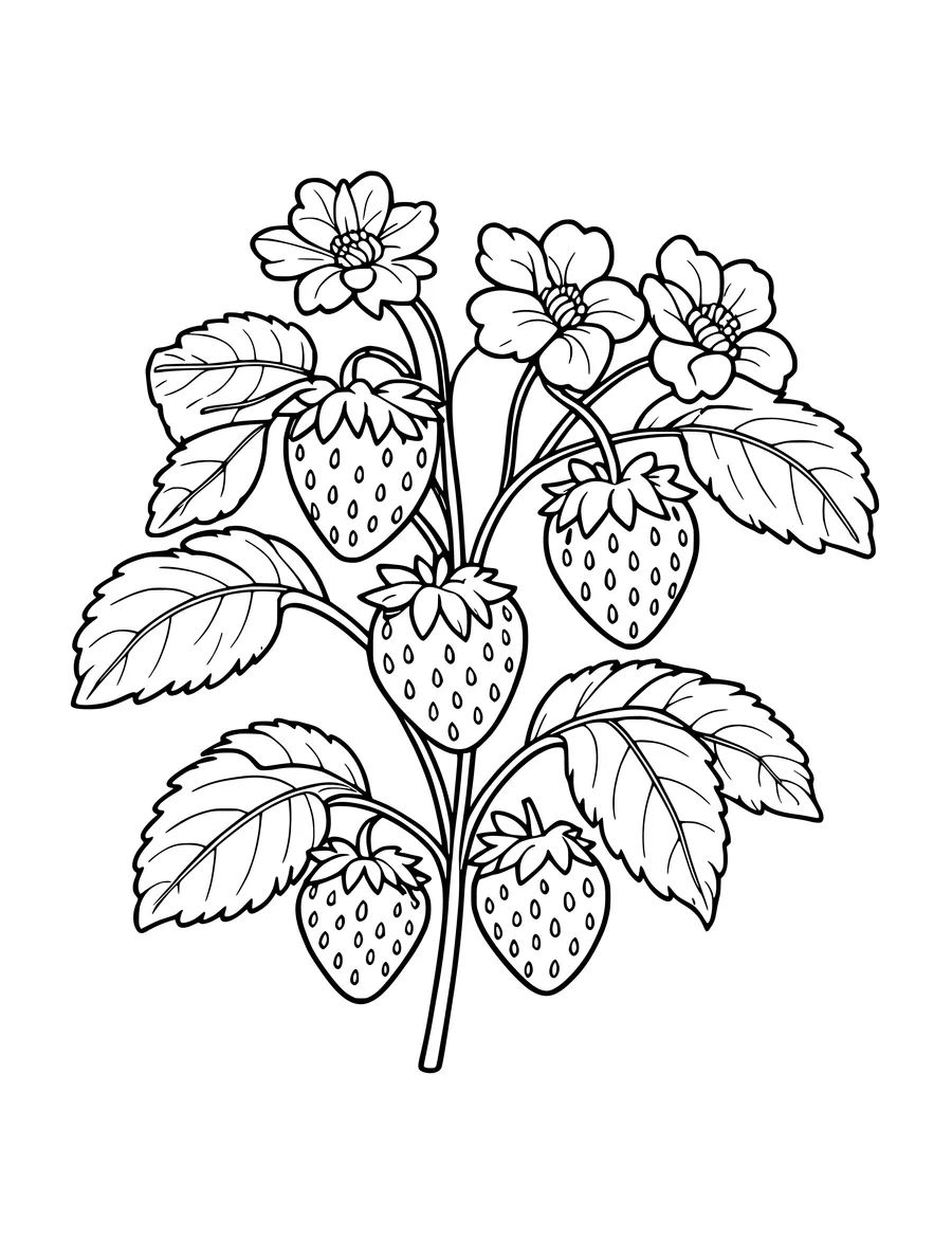 A strawberry plant with multiple berries and flowers is featured in this line art, coloring page