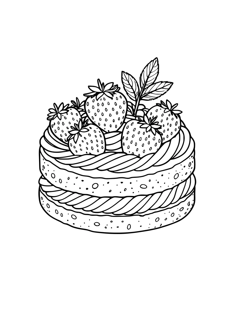 A layer cake topped with fresh strawberries and a mint leaf is shown in this detailed illustration, colouring page