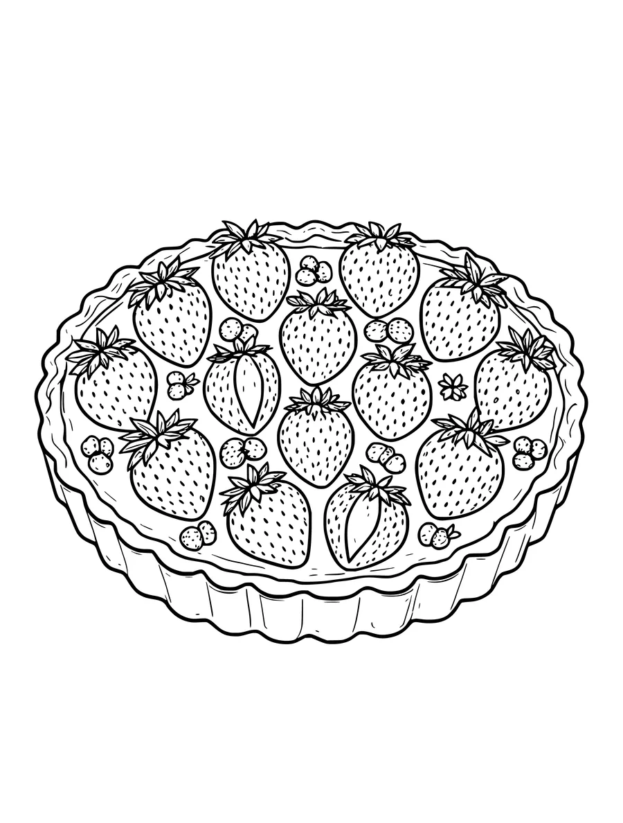An intricate colouring page of a strawberry tart with a fluted pastry crust and many fresh berries on top.