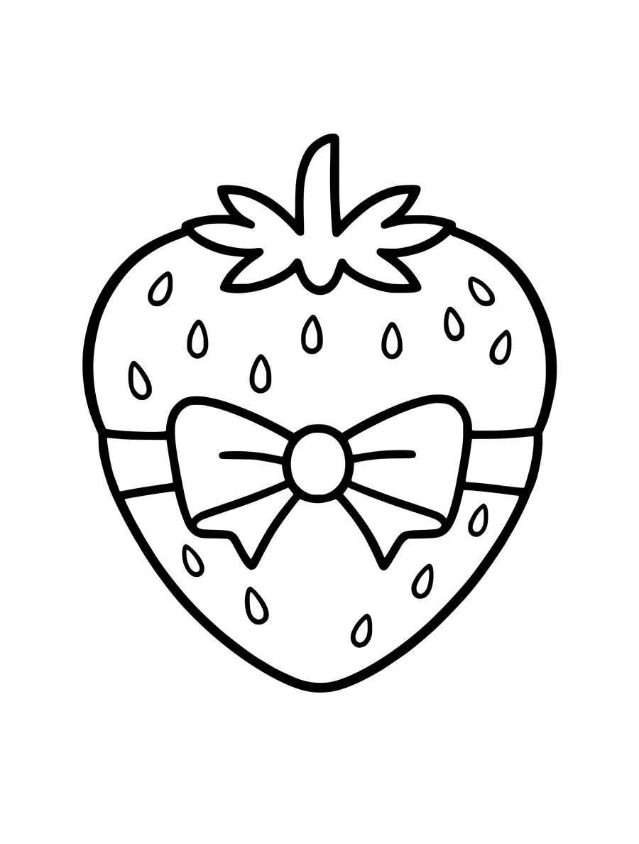 A simple line art colouring page of a single strawberry decorated with a large bow in the center.
