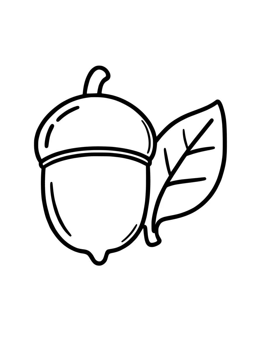 Black and white line art coloring page of acorn with a leaf, simple detail