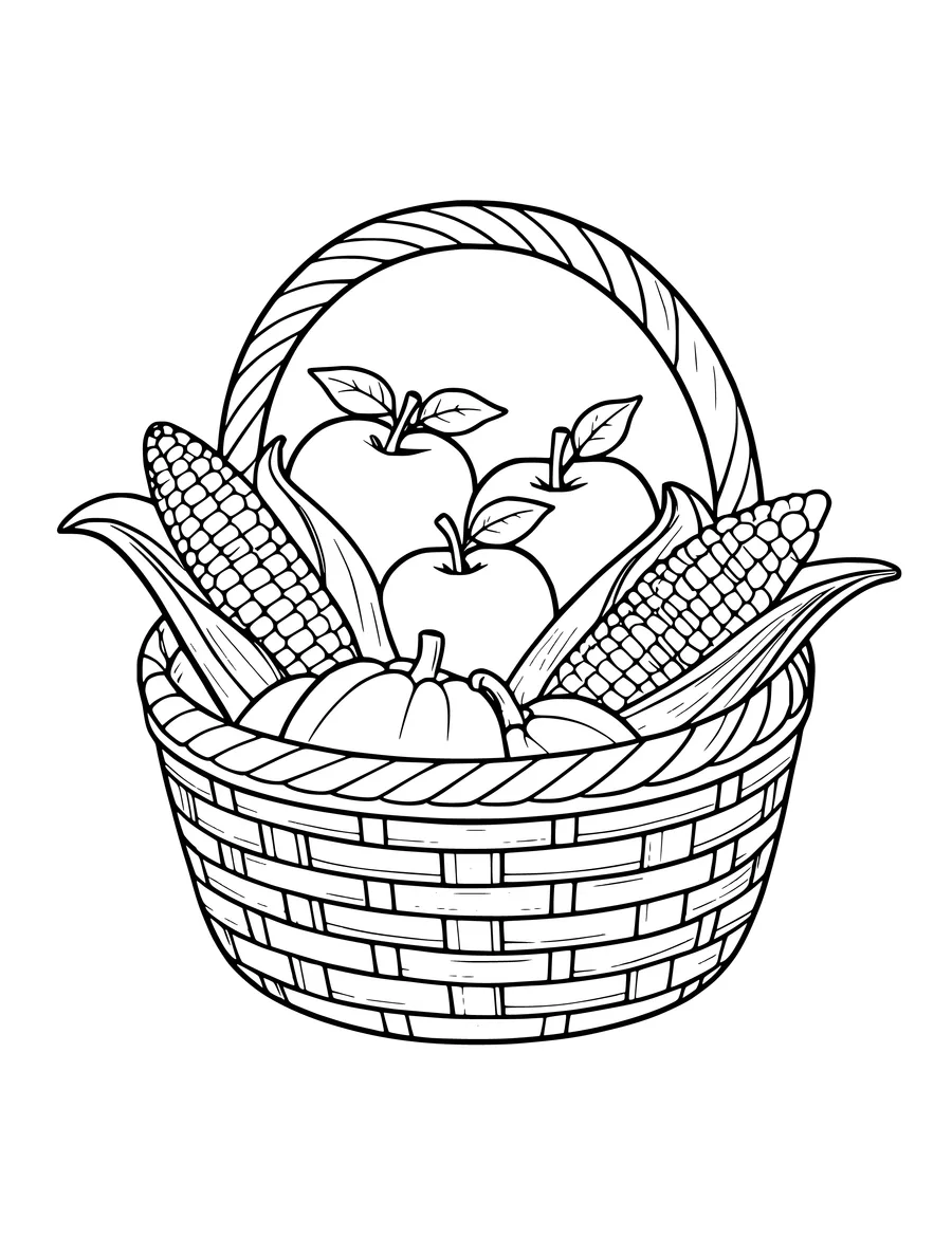 A coloring page of a woven basket filled with apples, ears of corn, and a small pumpkin.