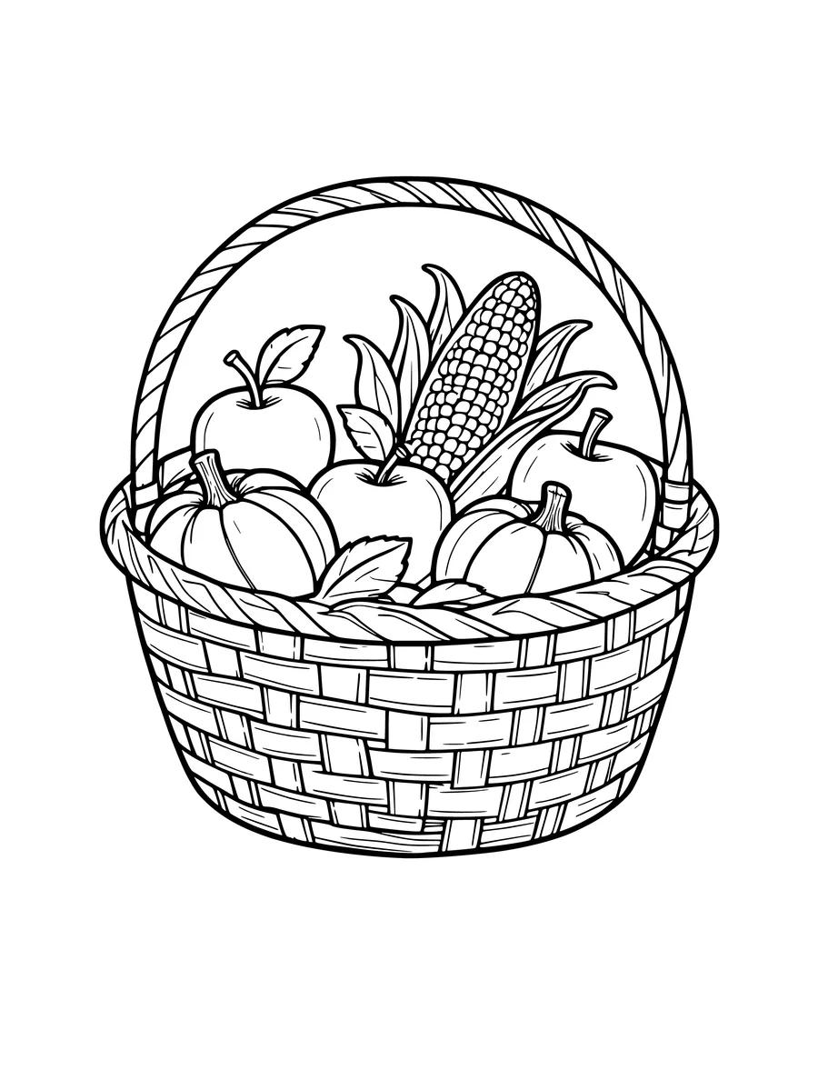 A woven basket filled with apples, corn, and squash makes a seasonal harvest colouring page.