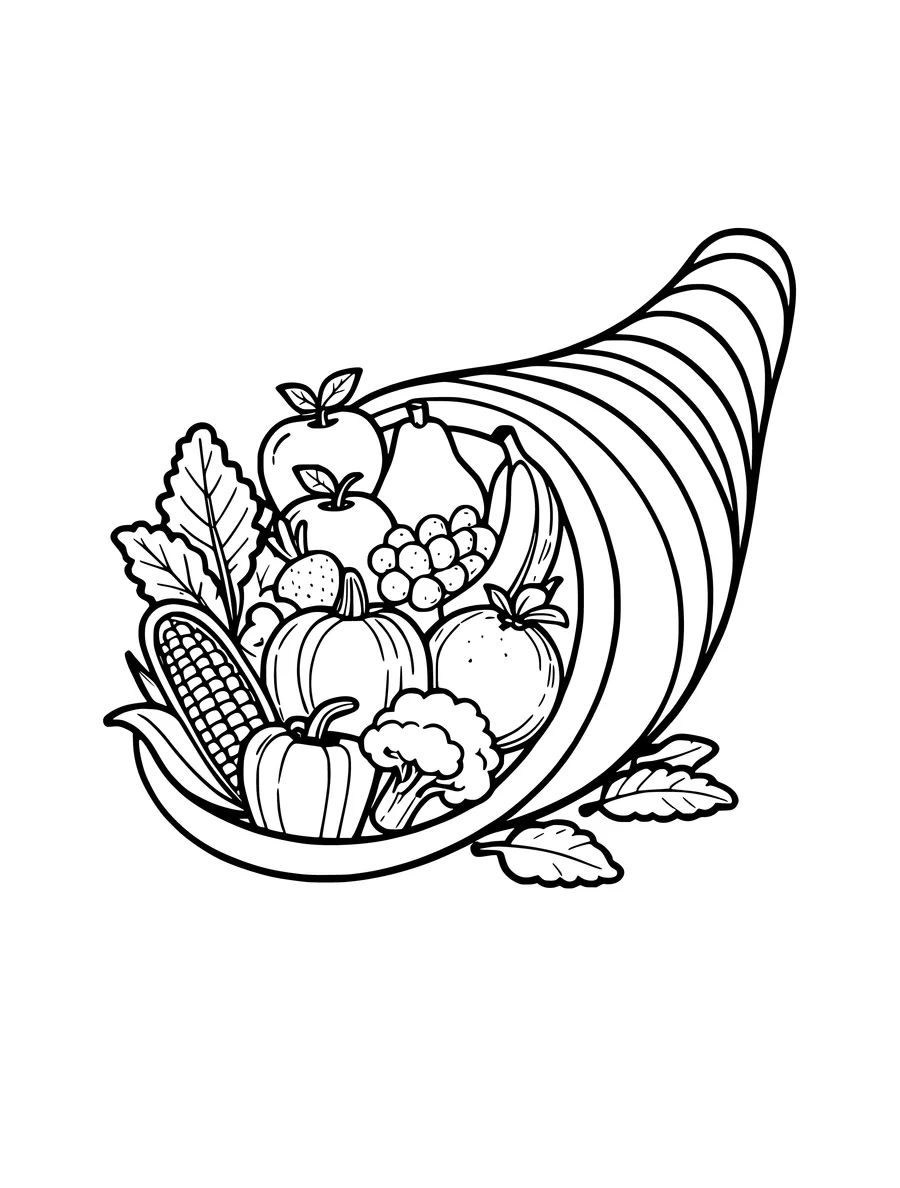 A colouring page showing a cornucopia overflowing with various fruits, vegetables, and leafy greens.