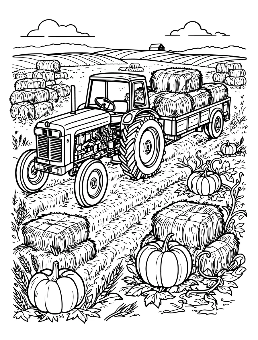 Black and white line art coloring page of harvest scene with hay bales, pumpkins and a tractor, detailed detail