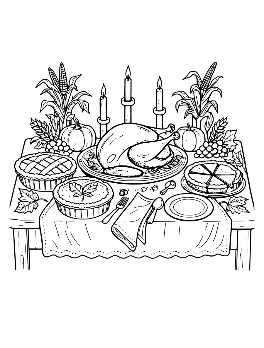 A bountiful harvest table with a roast, pies, and candles is shown in this detailed line art.