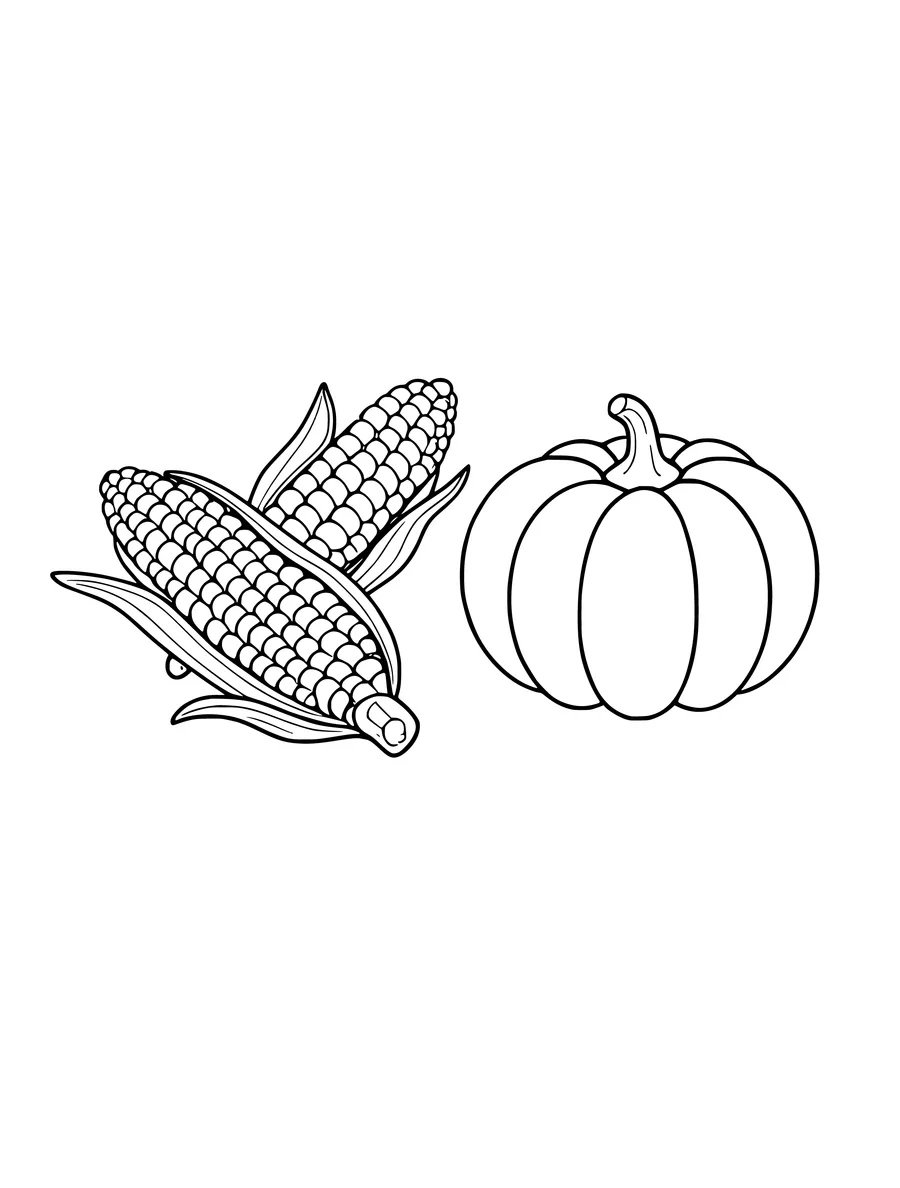 Line art of two ears of corn with husks next to a round, smooth pumpkin on a white background, coloring page