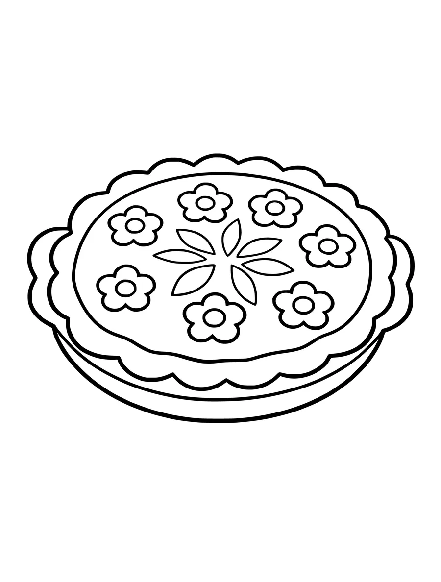 A colouring page featuring a round pie decorated with a simple flower pattern on the crust.