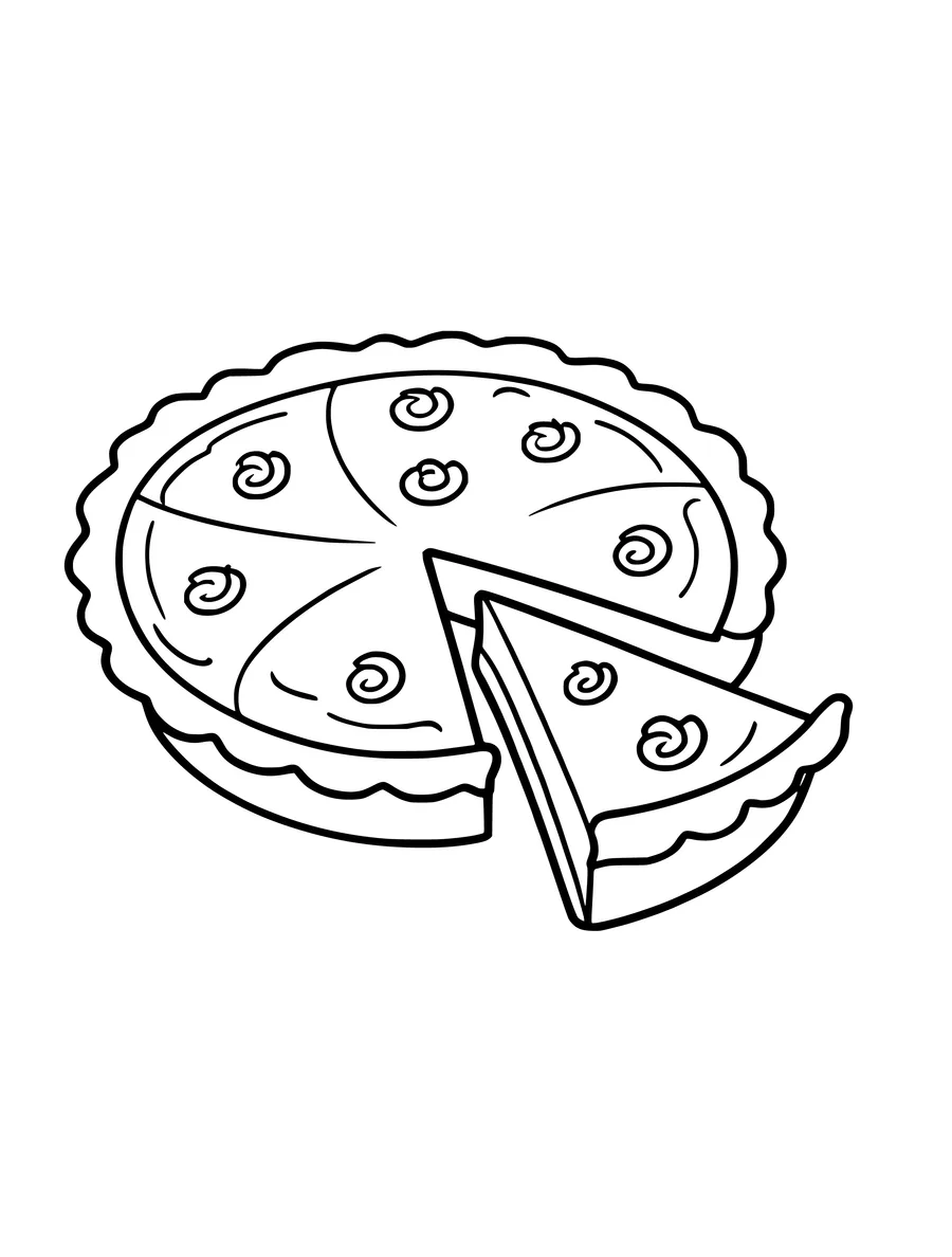 Line art of a round pie with a single slice cut out and set slightly to the side, coloring page