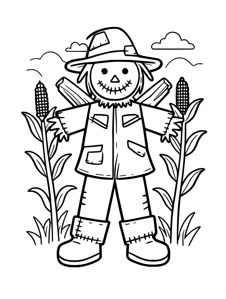 Black and white line art coloring page of scarecrow with a patched hat, simple detail
