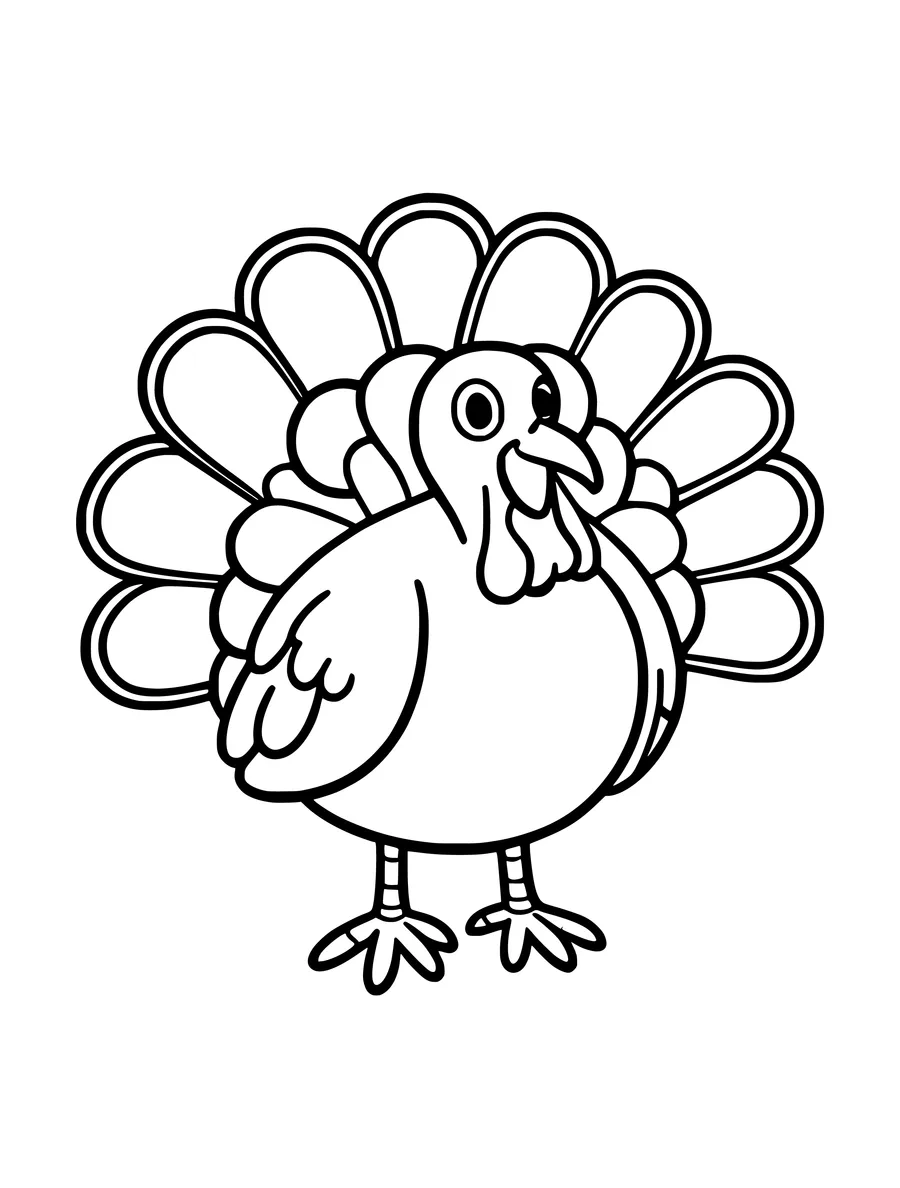 A simple coloring page of a friendly turkey standing with its tail feathers fanned out wide.