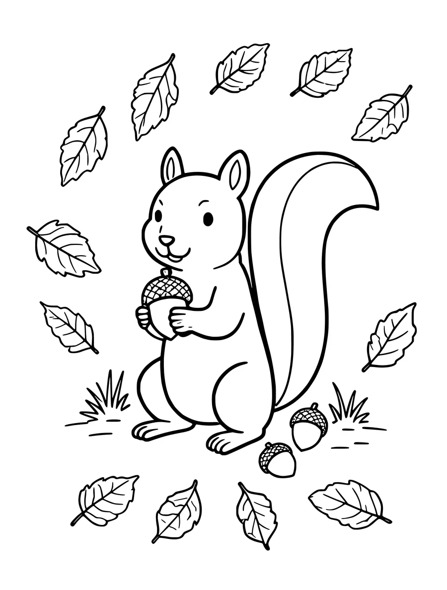 Black and white line art coloring page of squirrel carrying an acorn among falling leaves, medium detail