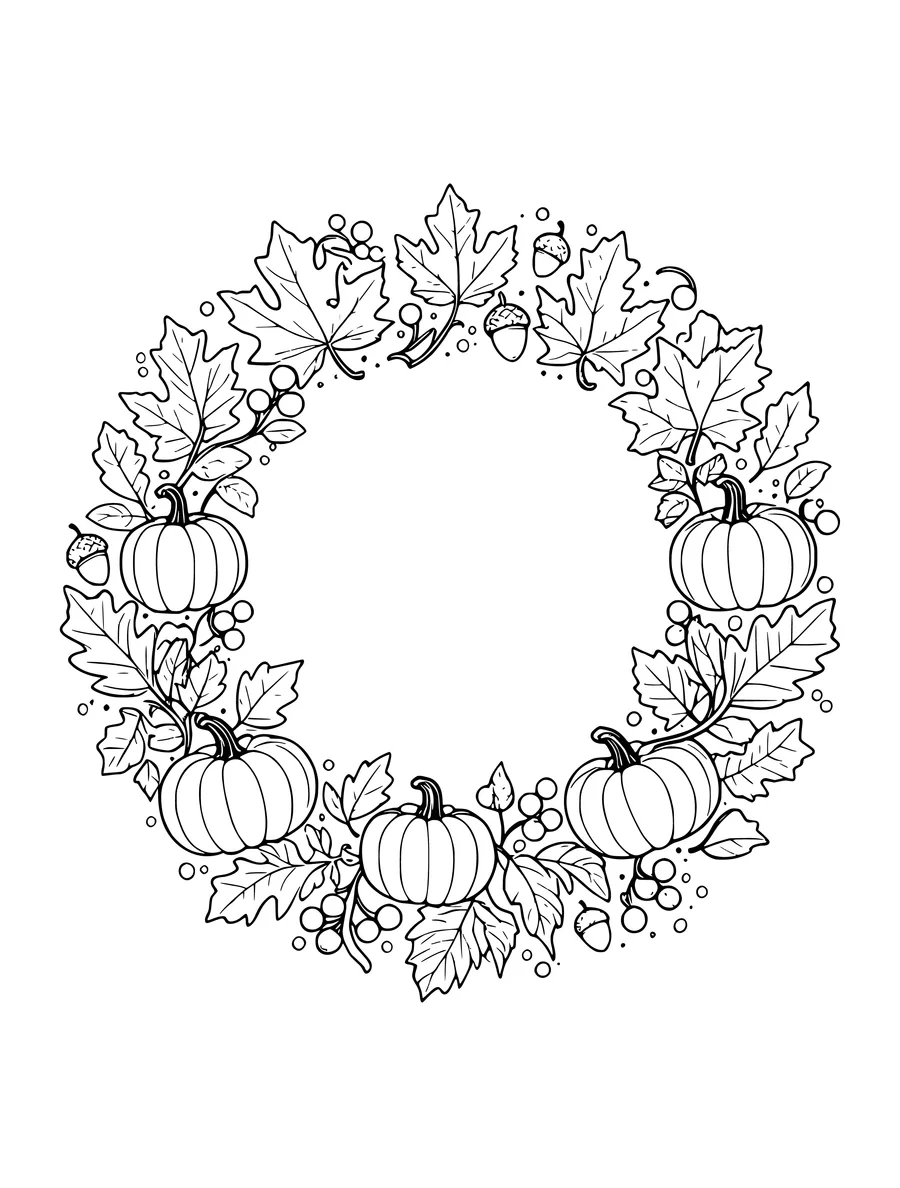 Black and white line art colouring page of wreath of autumn leaves, berries and pumpkins, medium detail