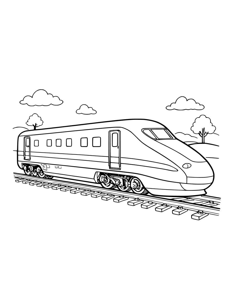 A sleek bullet train with a pointed nose travels along a set of train tracks under a cloudy sky, coloring page