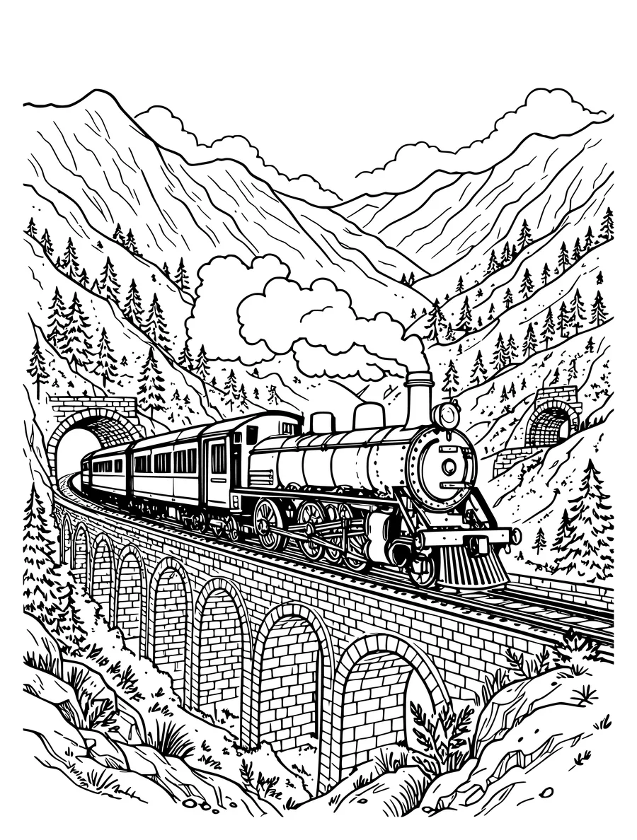 Black and white line art coloring page of steam train going through mountains with tunnels and a viaduct, detailed detail