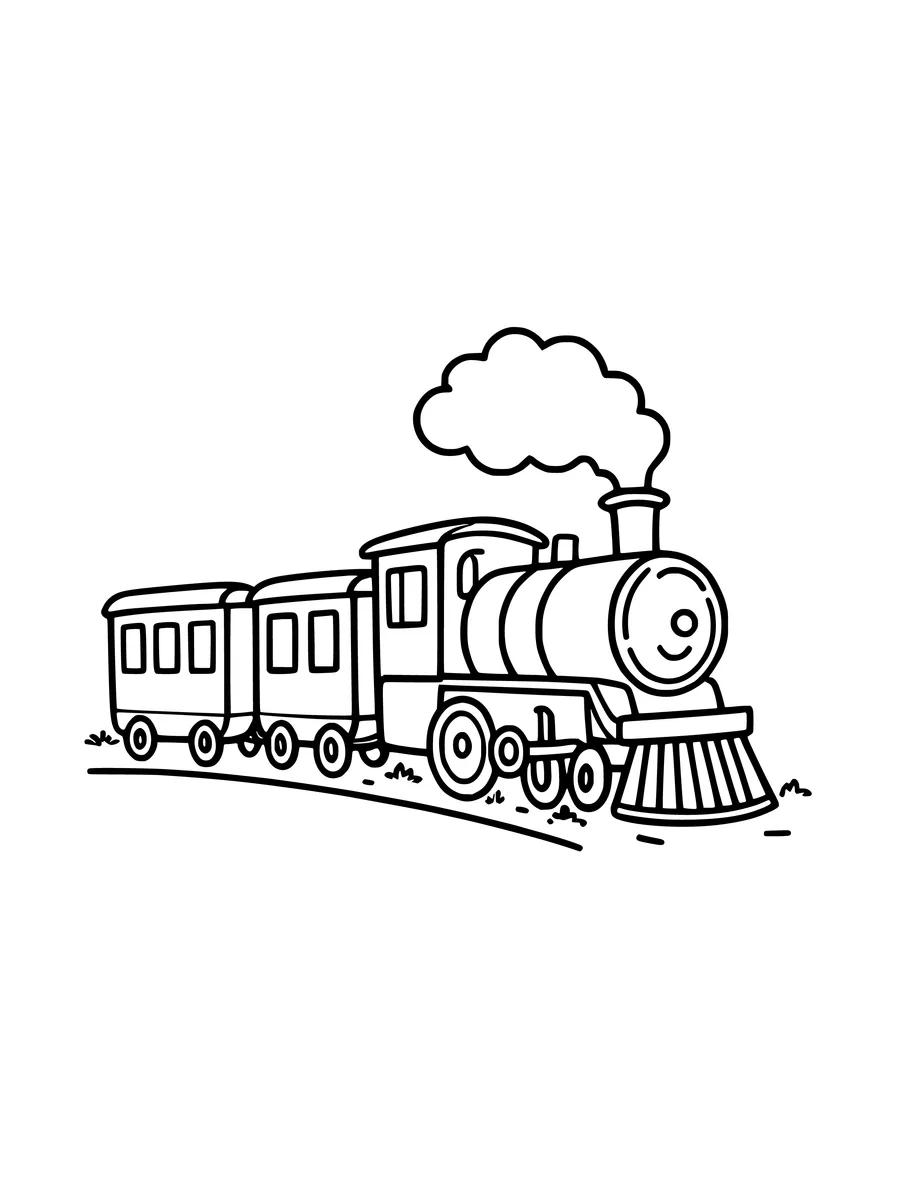 A steam train with two passenger cars travels on a track, blowing a large cloud of smoke from its chimney, colouring page