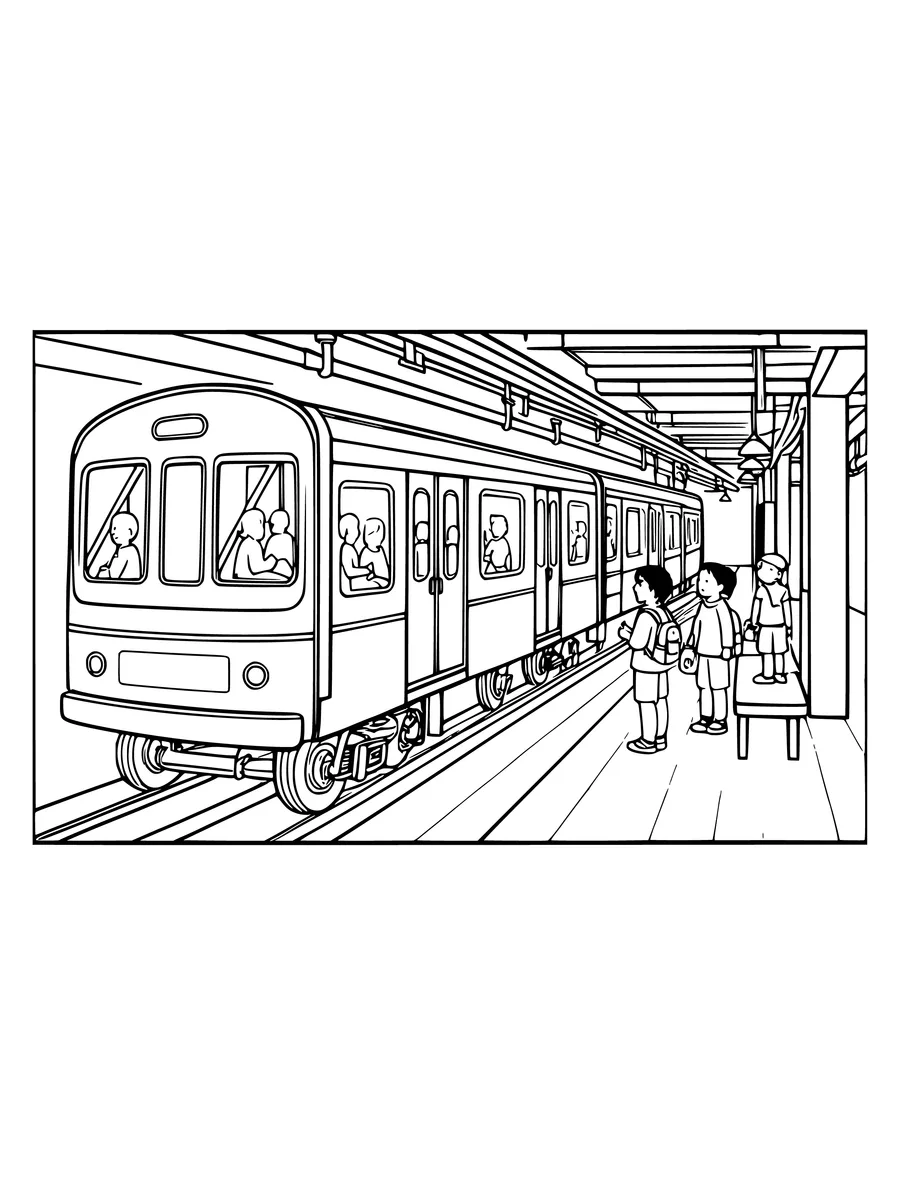A subway train waits at an underground station platform as several children stand nearby watching, colouring page