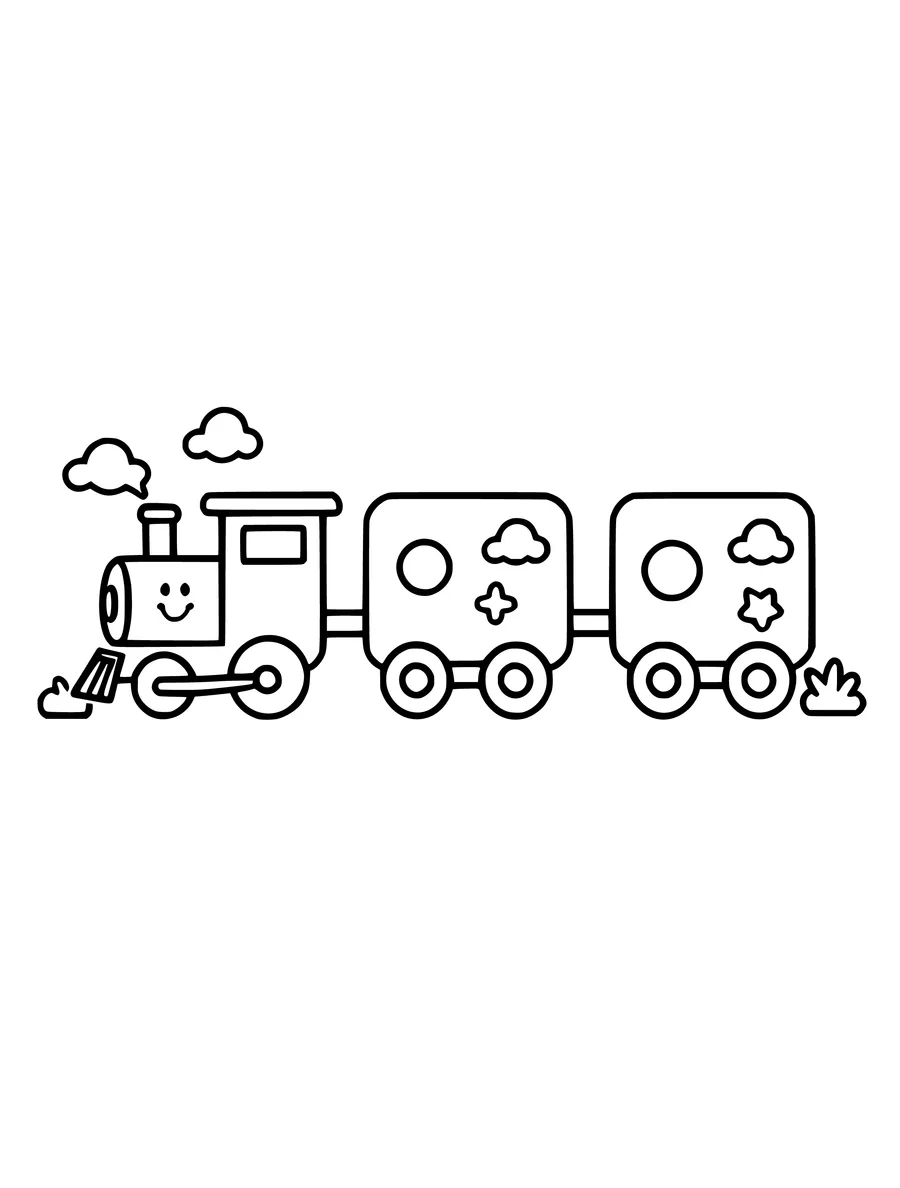 A cute toy train with three carriages travels along a track, decorated with circles, stars, and clouds, colouring page